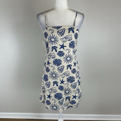 Linen Mini Dress Sea Shell Size M Coastal Preppy Resort Vacation Tropical Strap