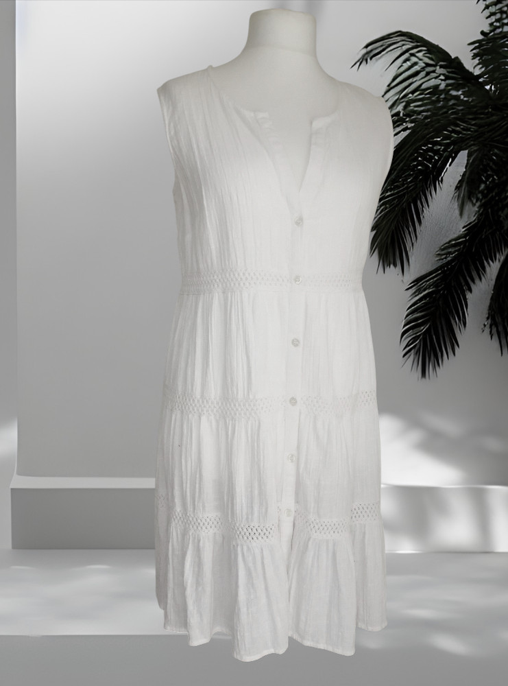 Kaleidoscope White Tiered Summer Dress Crochet Detail Size 12 Cotton