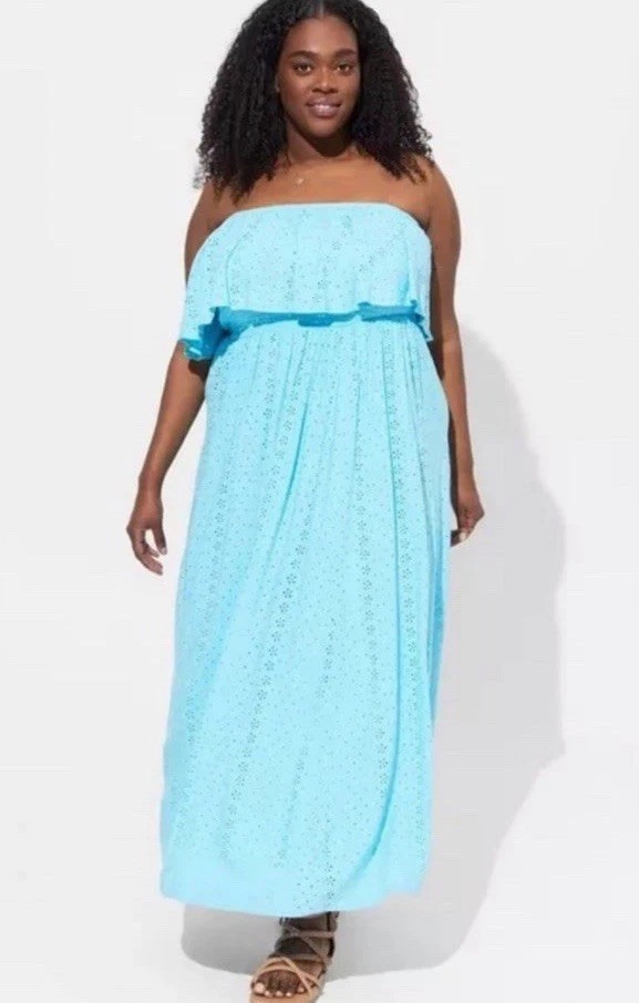 Torrid Light Blue Eyelet Cotton Strapless Ruffle Lined Maxi Dress Plus Size 1X