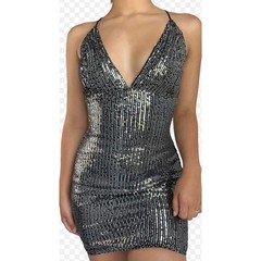 Bear Dance Silver Sequin Mini Dress V-Neck Strappy Back Party Cocktail Large (8)