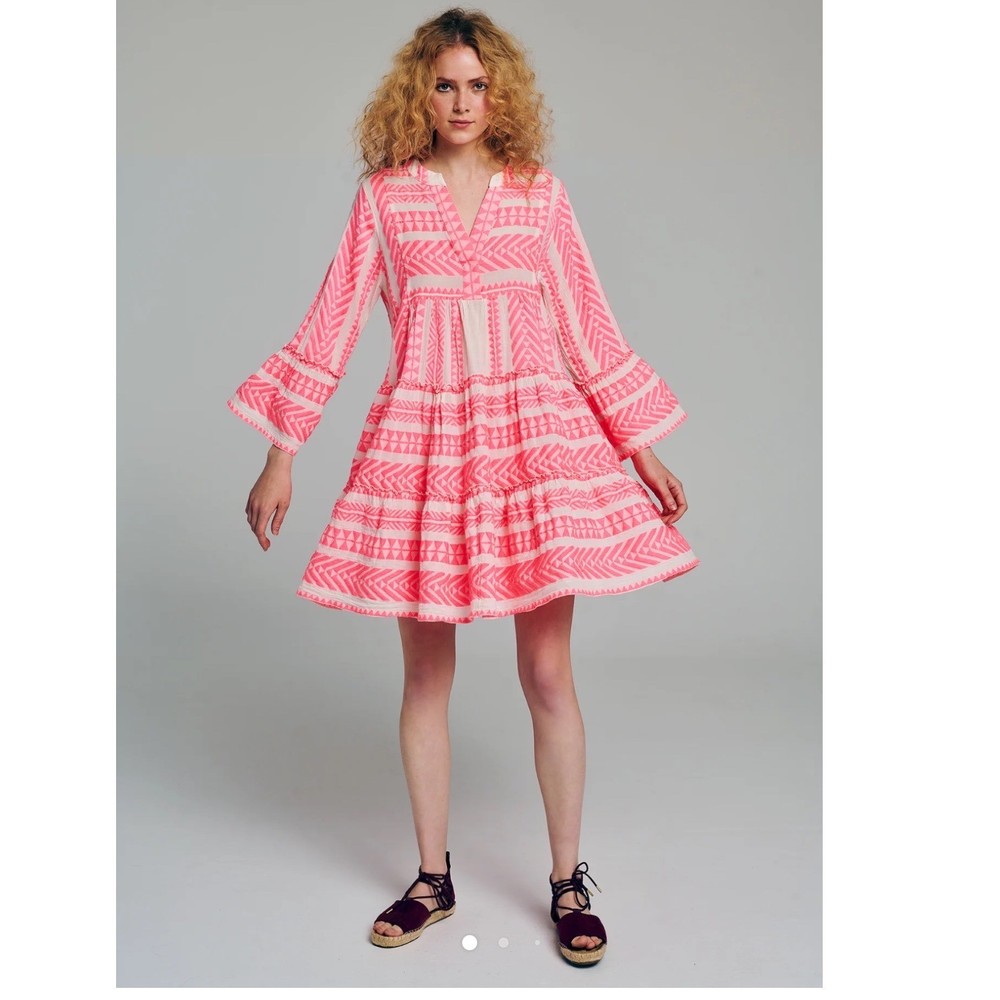 Devotion Ella Pink White Geometric Cotton Mini Dress XS Made in Greece