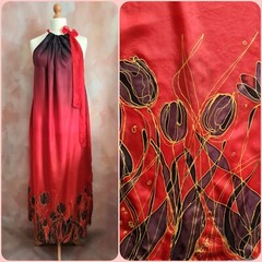 Bespoke Hand Painted Signed Silk Red/Black Tulips Summer Party Dress with Shawl