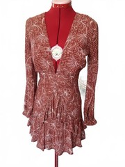 Rust Deep V Boho Ruffle Feminine Sexy Cute Long Sleeve Wrap Mini Dress Tie Back