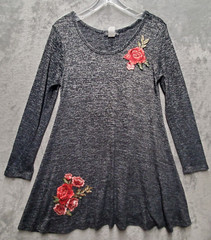 French Atmosphere Dress Womens Large Dark Gray Knit Red Rose Embroider Applique