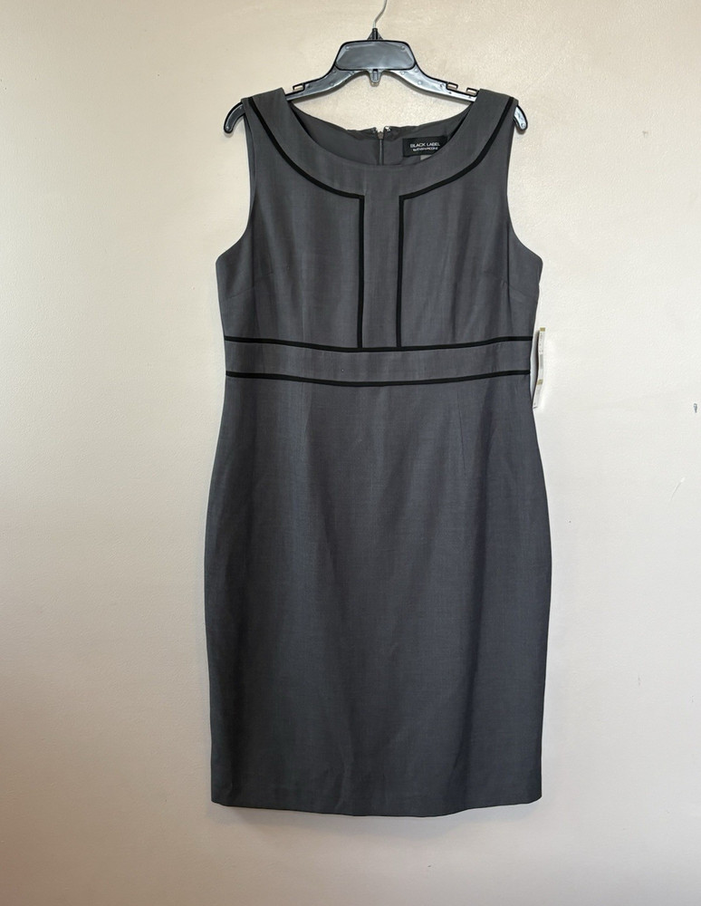 Black Label by Evan-Picone Gray Black Piped Scoop Neck Sheath Dress 14