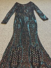 Women’s Black Velvet Sequin Floral Long Sleeve Scoop Neck Long Gown Size S