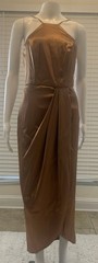 After Six Stretch Satin Toffee Halter Midi Dress with Draped Tulip Skirt Size 2R
