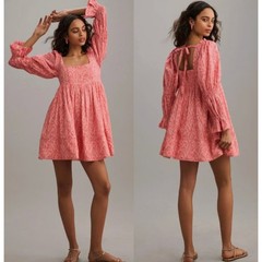 Pilcro Anthropologie Pink White Floral Puff Sleeve Babydoll Mini Dress XL