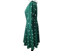 Unique Vintage Emerald Polka Dot Flare Dress Size 10/12 Strawberry Embroidered