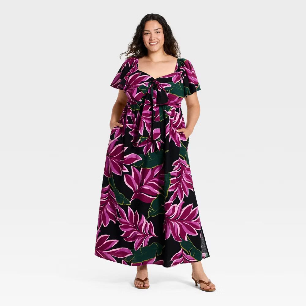 Women Flutter Short Sleeve Tie-Front Maxi Dress – Ava & Viv Magenta