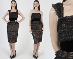 Vintage 50s Black Lace Illusion Dress Pin Up Convertible Slim Mid Century Pencil