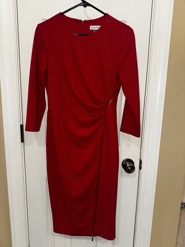 Calvin Klein Red Long Sleeve Side Zipper Ruched Sheath Dress Size 6