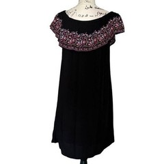 Arizona Jean Co Black Floral Embroidered Off The Shoulder Shift Dress Medium