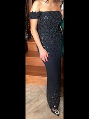 Oh Polly Black Strapless Sequin Beaded Long Formal Gown Side Slit Size 10