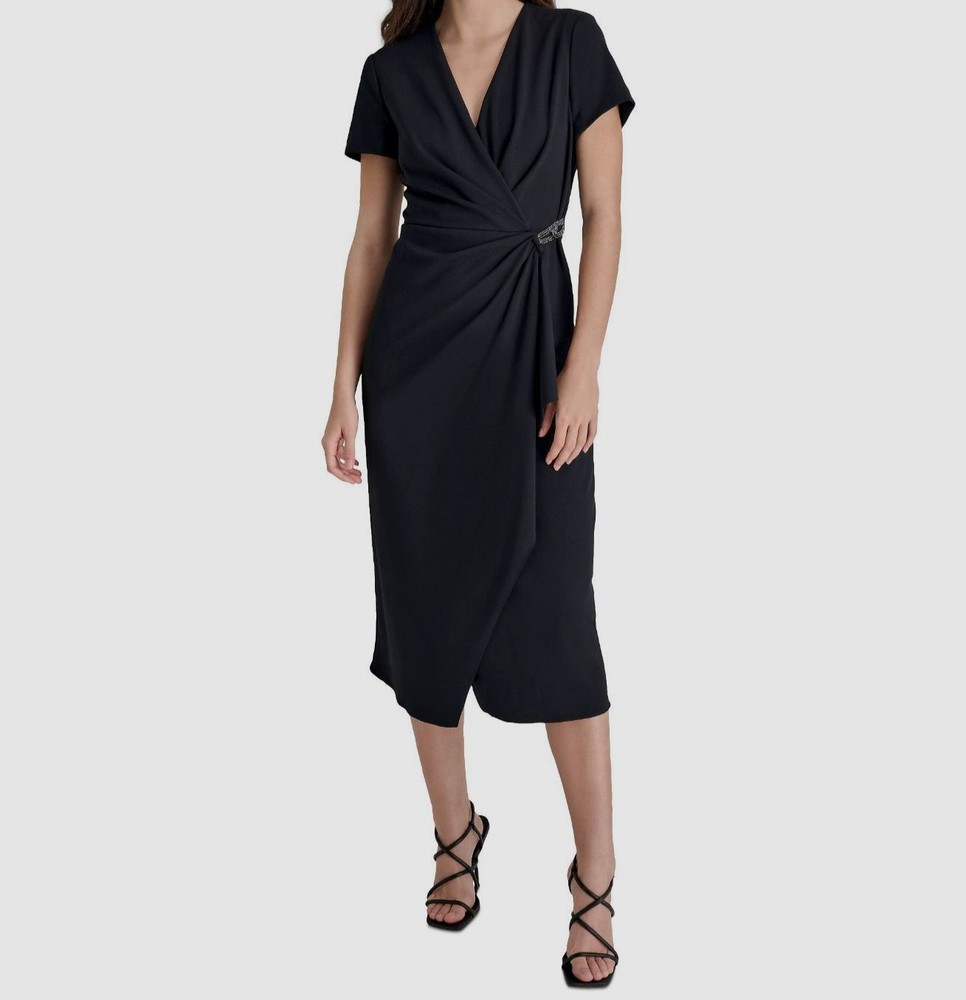 DKNY Womens Black Surplice Neck Embellished Scuba Dress Size 14