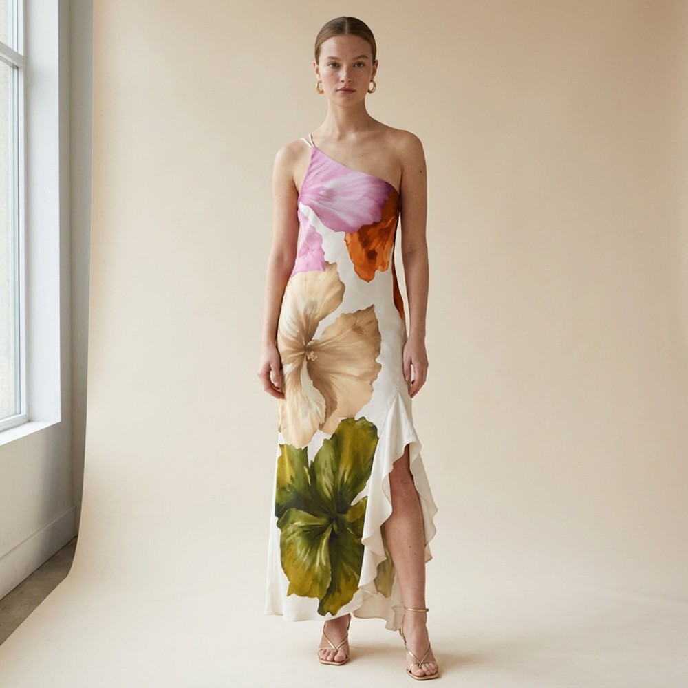 Hibiscus One-Shoulder Ruffle Maxi Dress