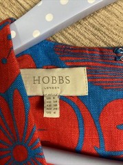Ladies HOBBS Blue & Red Floral 100% Linen A Line Dress Summer Tie Waist Size 8