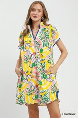Umgee Tropical Print Collared Shift Dress – Lemon Mix – Small