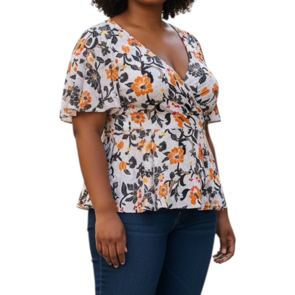 NEW Lane Bryant Plus 22/24 Blue Floral Wrap Fit & Flare V-Neck 3/4 Sleeve Dress
