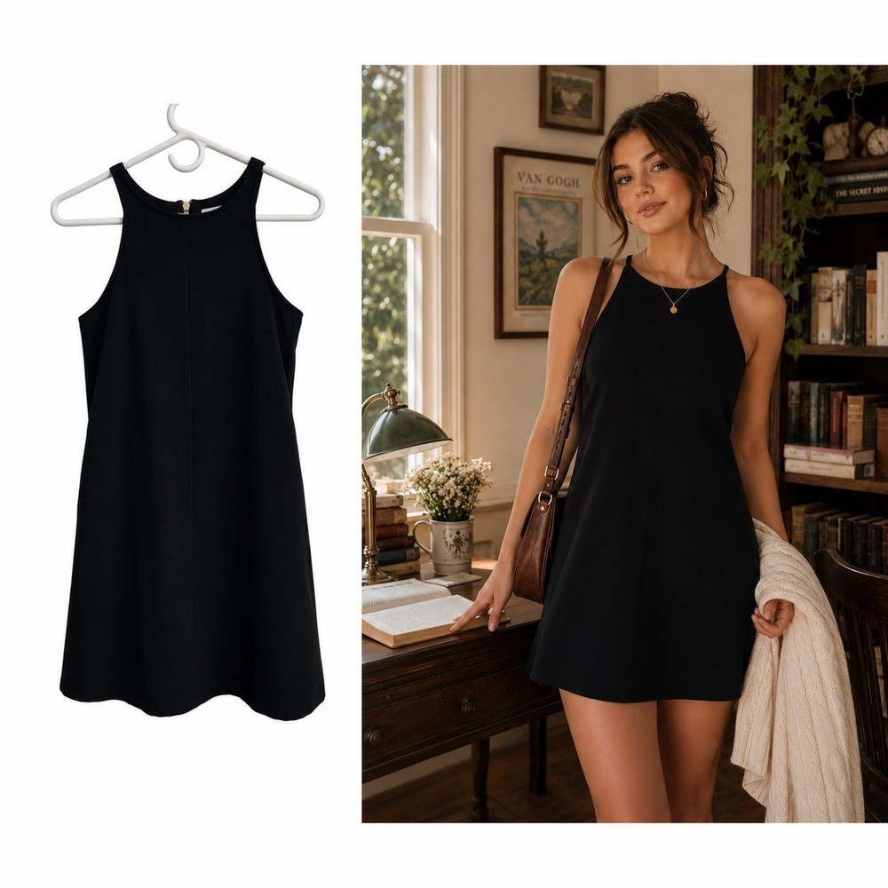 Brigitte Bailey Black Sleeveless A-Line Dress Gold Back Zipper Preppy Old Money