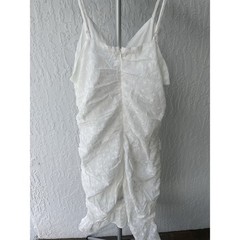 Emily Wonder White Eyelet Lace Ruched Midi Dress Front V-Neck size M