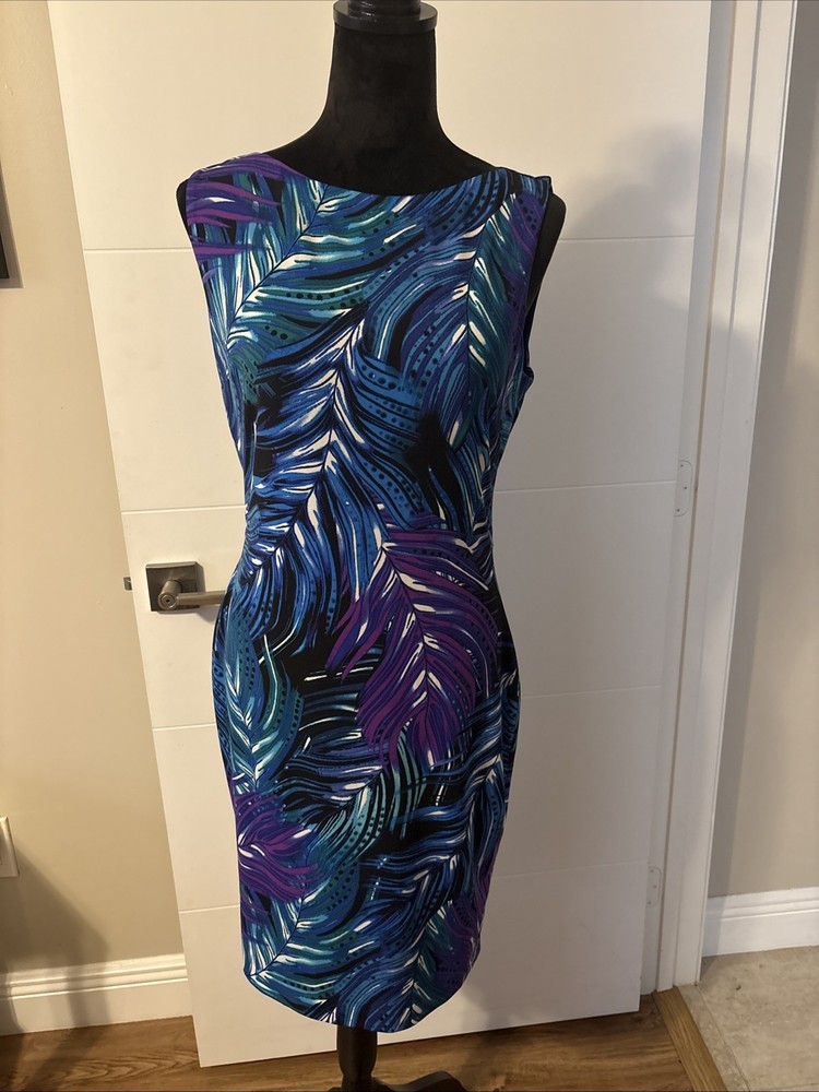 CACHE- Sleeveless Tropical Leaf Print Dress SzL Blue/ Purple