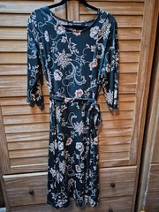 Nina Leonard Midi Dress Large Dark Green Floral 3/4 Sleeves Tie Waist