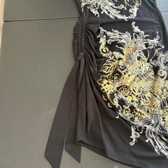 Y2K Cache Gold Silver Scroll Floral Baroque Print Faux Wrap Dress Size S Black
