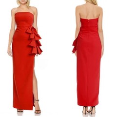 NEW JEWEL Badgley Mischka RED Side Bows CATARINA Strapless HIGH SLIT GOWN 14