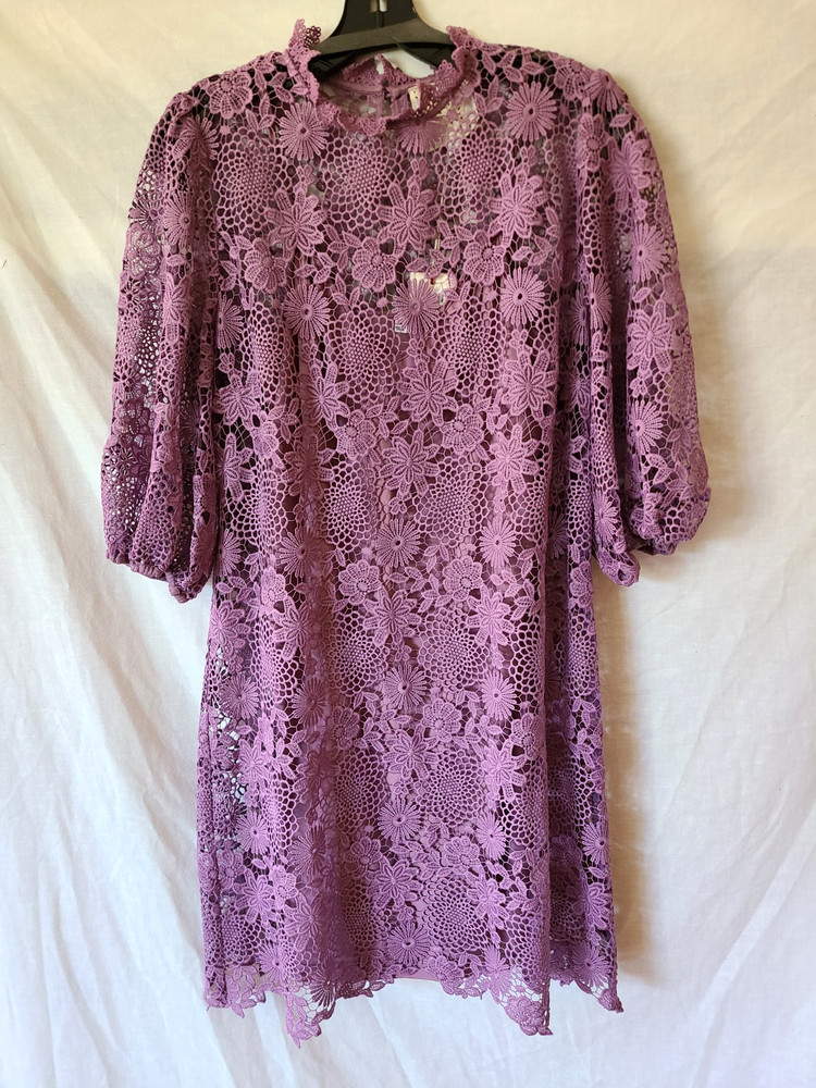 $310 JOHNNY WAS SZ M LORRIE CROCHET Lined DRESS w/ SLIP Violet Purple NWT