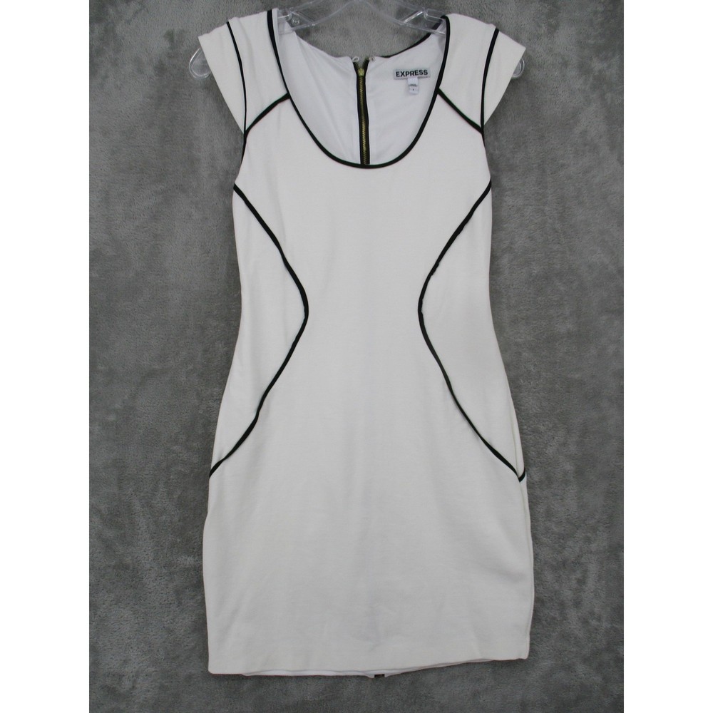 Express Dress 4 Sheath Cap Sleeve Fitted Stretch Bodycon White Black Trim Zip