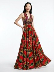 Boho Red Multicolor Embroidered Layered Maxi Dress Paisley