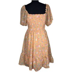Floral Sweetheart Tie Front Keyhole Short Sleeve Fit & Flare Dress L Cottagecore