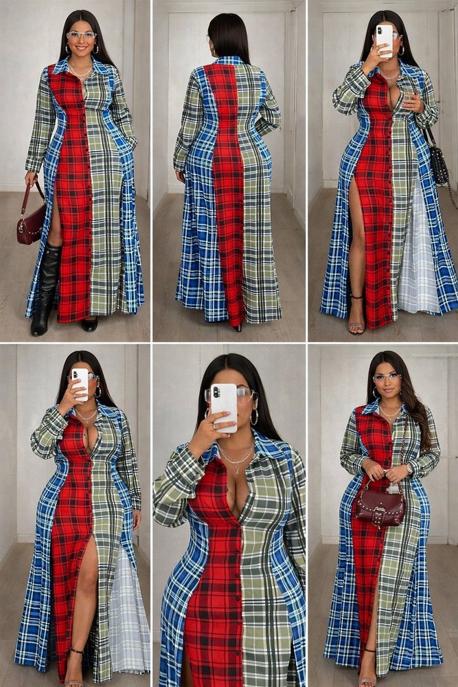 Women’s 2XL Plaid Shirt Dress Multicolor Long Sleeve Collared Side Slit