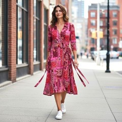 Isaac Mizrahi Live Pink Patchwork Floral Wrap Midi Dress A385438 Womens Medium