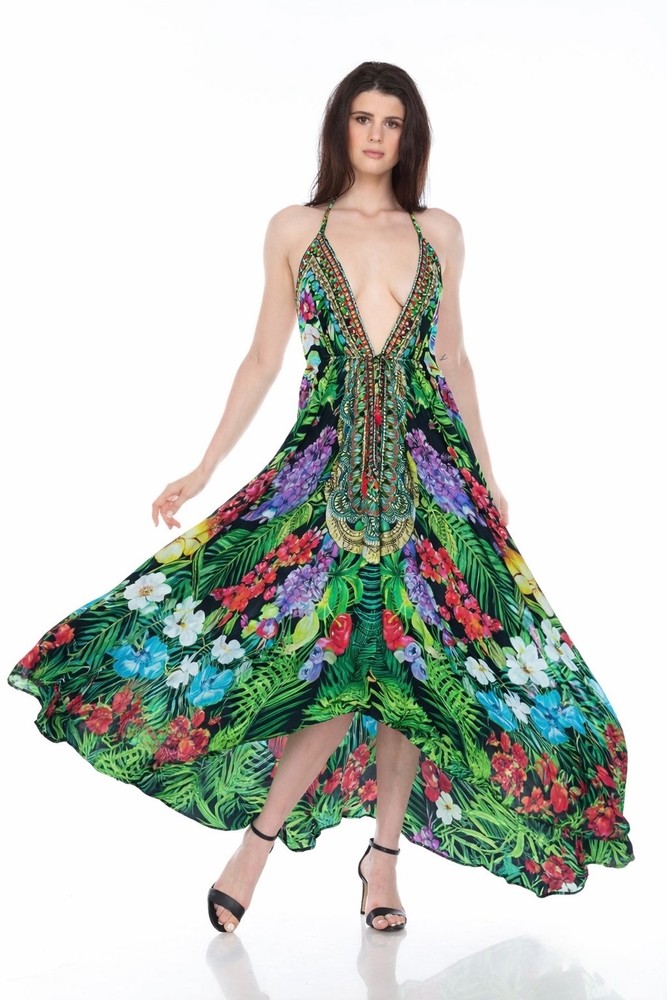 NWT $135 JSQUAD Plunge Crystal V-neck Maxi Beach Dress – Green Floral – S M L OS