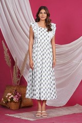 Hand Block Printed Cotton Flared Midi Dress Wide Frill Sleeve Dress with Lining