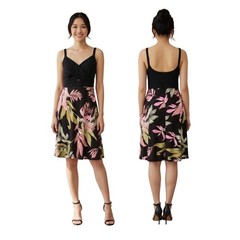 Cabi Beach Club Dress Medium Black Pink Tropical Floral Surplice Midi 5384 Vacay