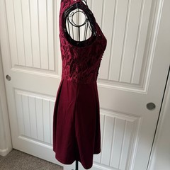 S – Burgundy Lace Fit and Flare – Sleeveless High Neck Dress