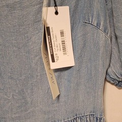 She + Sky Sz M Blue Tencel Denim Tiered Dress Square Neck Puff Sleeve Tie Back