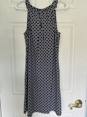 Jude Connally Blue White Geometric Shift Knee Dress Knit Stretch Keyhole S