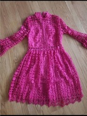 NEW – Elegant Hot Pink Women Stand Collar Flared Sleeve Hollow Lace, Size L