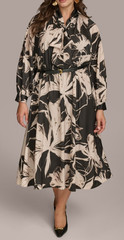 $179 Donna Karan Belted Neck Long-Sleeve Dress Plus Size 20W Black Sand Floral