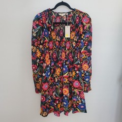 Boden black floral dress v-neck 4 R smocked waist bodice long sleeve D0475 NWT