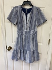Anthropologie Blue White Striped Gingham Check SS Tiered Mini Dress Medium