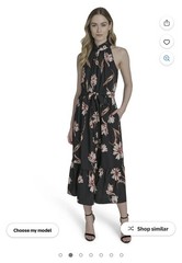 Black Brown White Floral Midi Halter Sleeveless Belt A-Line Dress Size M