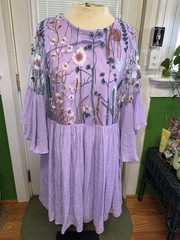 Boho Umgee USA Lavender Floral Embroidered Layered Ruffle Sleeve Tunic Dress L