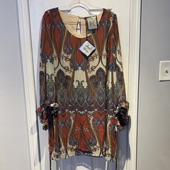 Angel Ribbons Paisley Shift Dress XL Long Sleeve Ruffle Button Orange Beige Blue