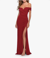 La Femme Red Off the Shoulder Ruched Trumpet Gown Size 4 $328