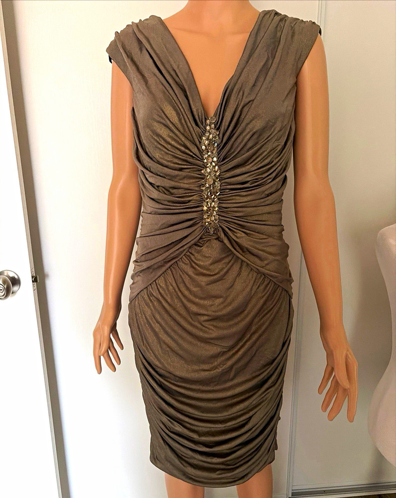 Cache Brown Solid Ruched V-Neck Sleeveless Sheath Knee Dress Rhinestone, L